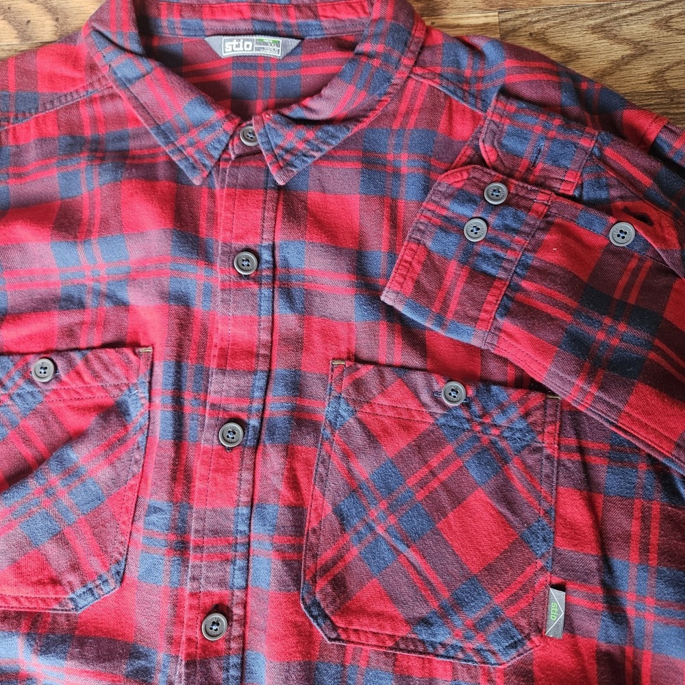Stio Shirt Mens Sz XXL Red Blue Midweight Flannel Plaid Long Sleeve Button Logo